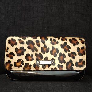 Charles David Leopard Print Calf Hair Black Patent Clutch